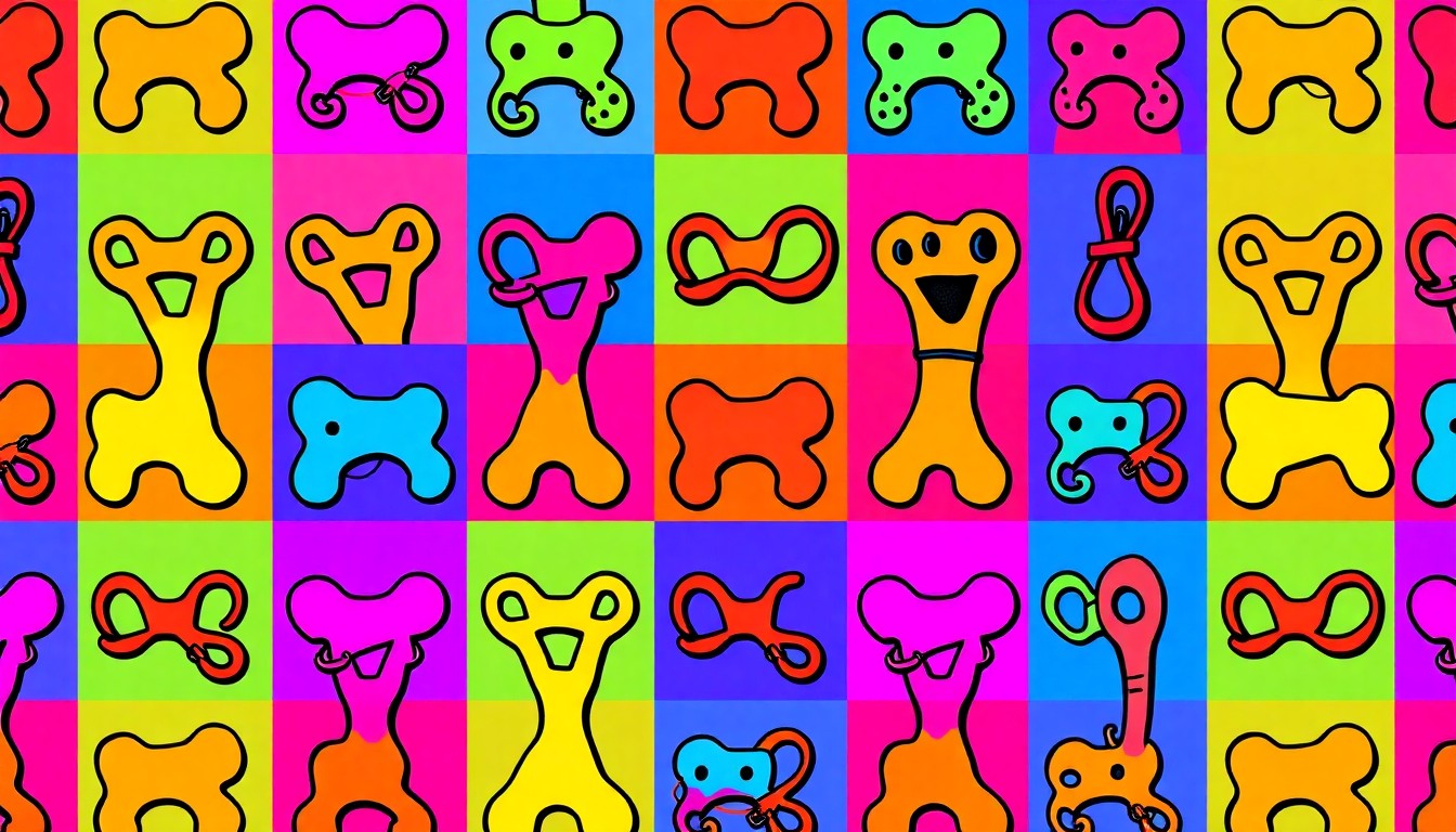 A vibrant, high-contrast silkscreen print of a colorful therapy dog leash or collar repeated in a grid pattern, capturing the celebratory energy of the student donation event.