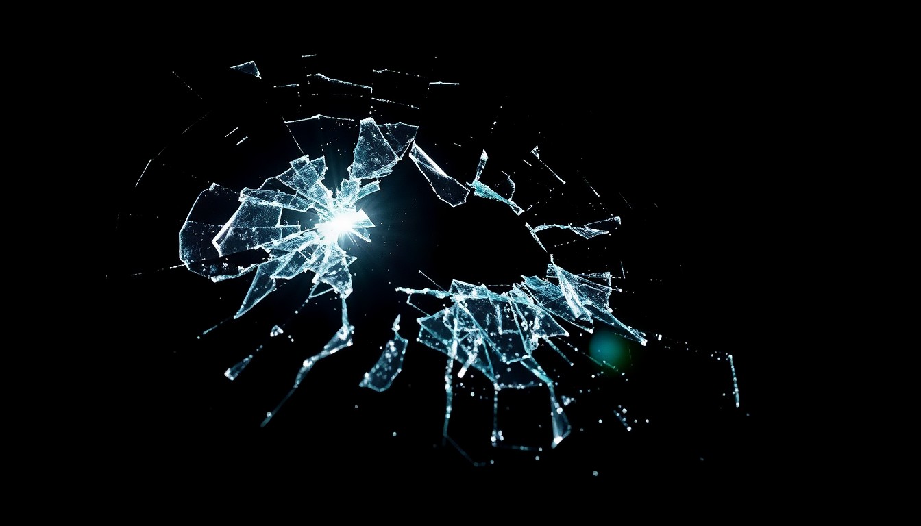 An extreme close-up photograph of a shattered car windshield, the glass fractured and reflecting a harsh, direct camera flash against a pitch-black background, conceptually illustrating the aftermath of a violent police pursuit and crash.