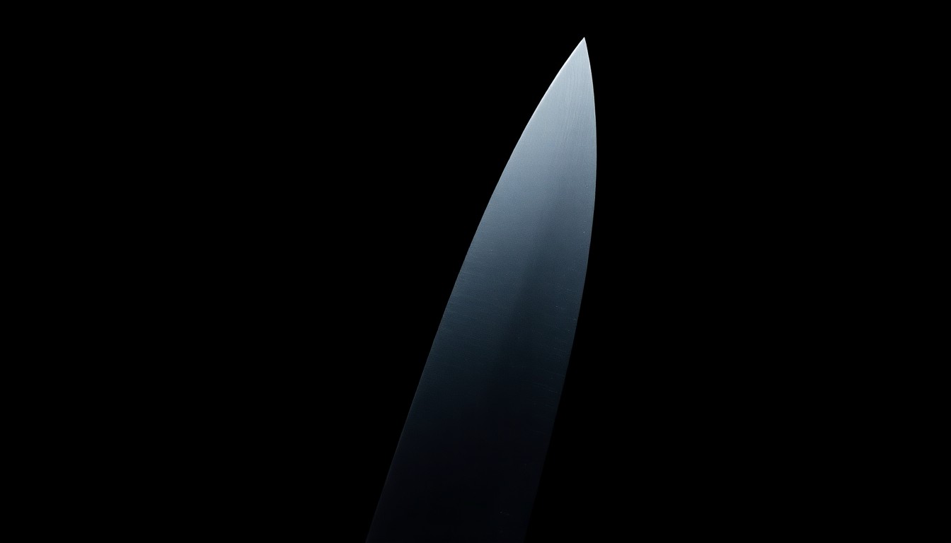 An extreme close-up of a knife blade, the harsh lighting and dark background creating a stark, investigative aesthetic without any text or identifying details.