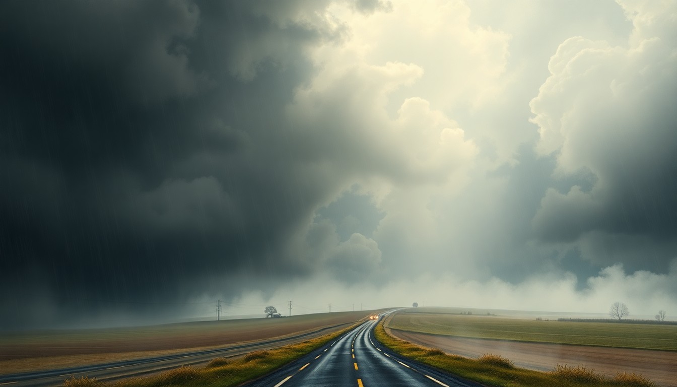 A sweeping landscape painting in muted tones of gray, blue, and green, with a winding rural road obscured by heavy rain and low clouds, conveying the overwhelming scale and power of the natural environment.