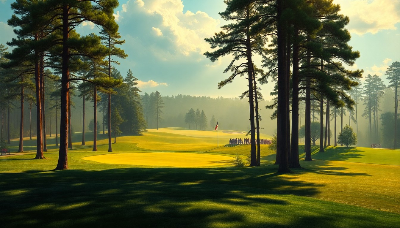 A vast, atmospheric landscape painting depicting the sweeping beauty of Augusta National Golf Club's iconic course on a warm, sunny day, with the lush fairways and towering pines dwarfing any physical structures or human figures.