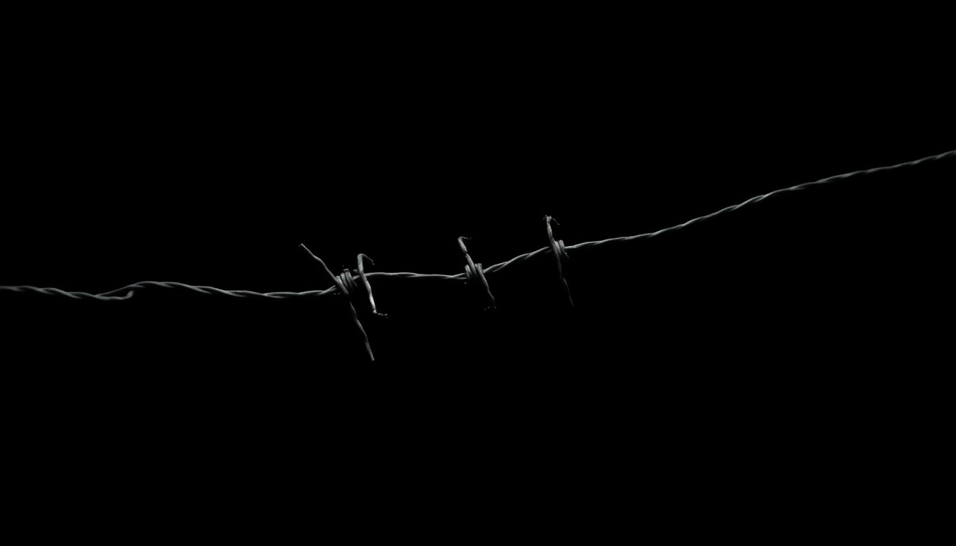 An extreme close-up photograph of a torn piece of barbed wire against a pitch-black background, conceptually representing the escape of a dangerous prisoner from a local detention facility.