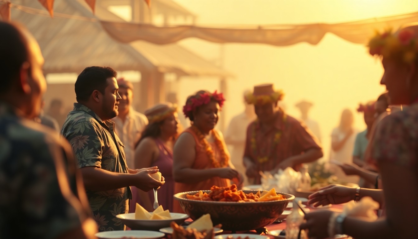 An abstracted, blurred photograph showing the silhouettes of people, Hawaiian food items, and other cultural elements in a warm, hazy color palette, conveying the sense of a lively community gathering.