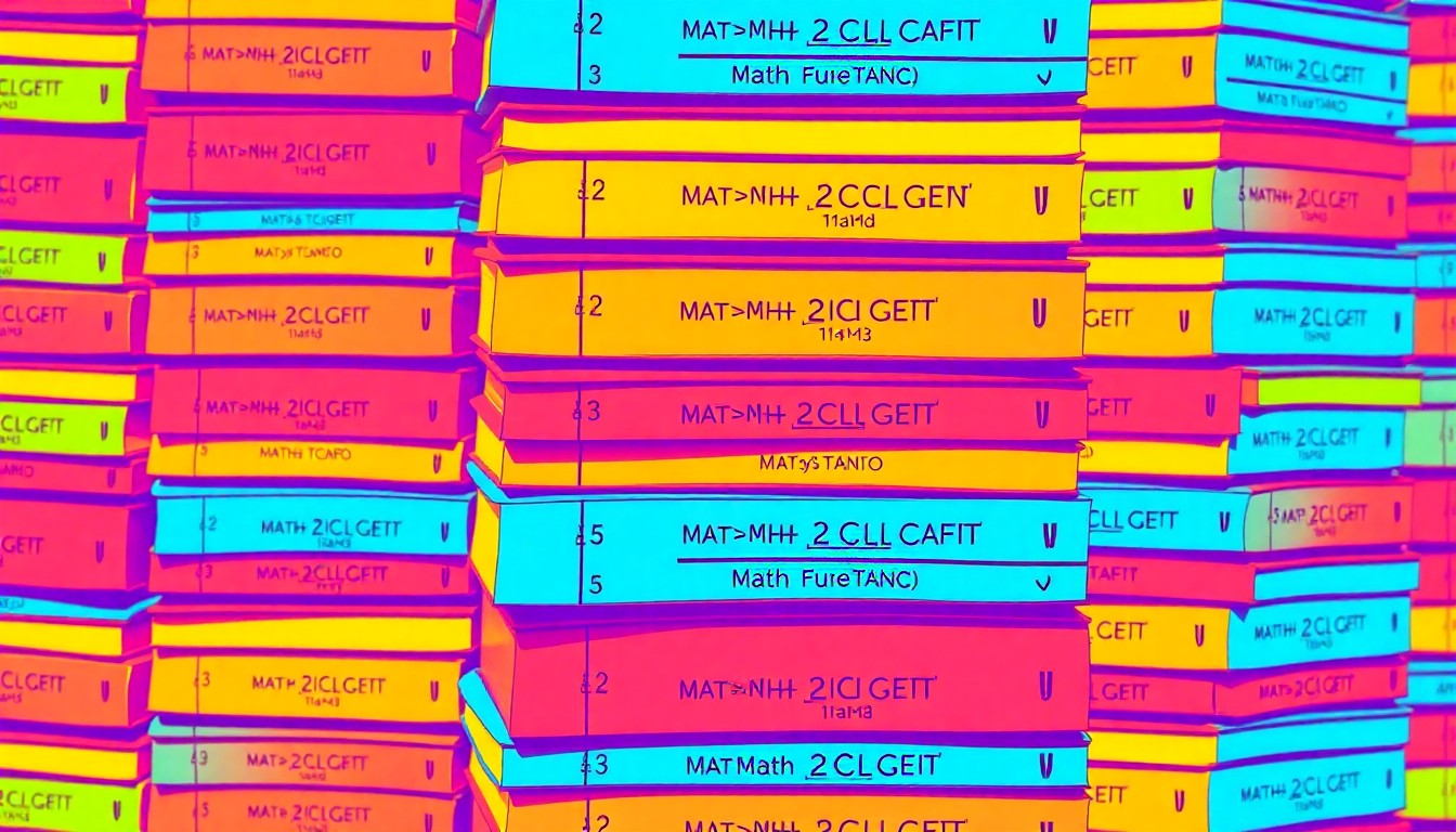 A brightly colored, high-contrast silkscreen print of a stack of math textbooks repeated in a tight grid pattern, rendered in a bold, abstract pop art style.