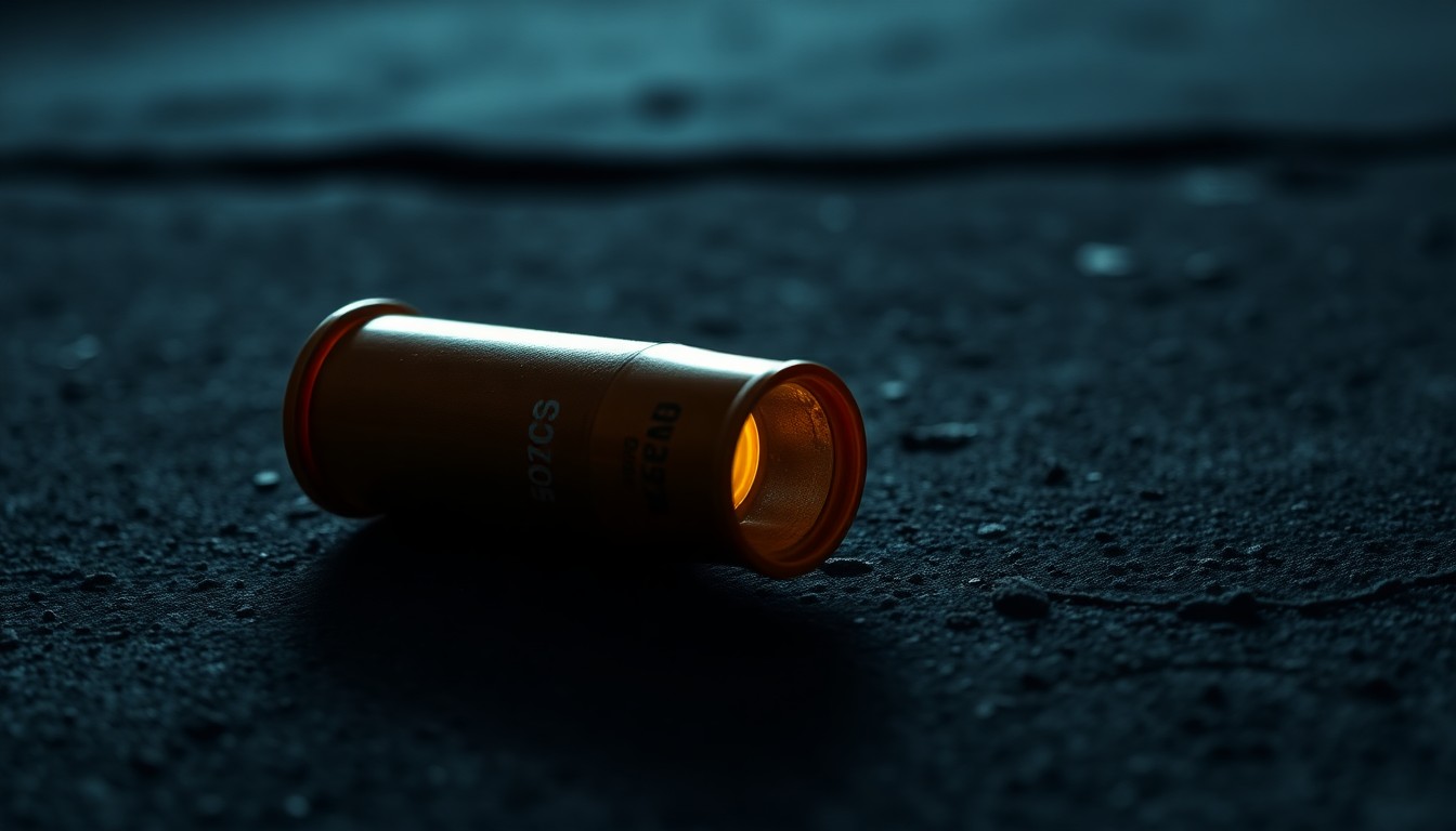 An extreme close-up photograph of a single spent shell casing on a dark, concrete surface, lit by a harsh, direct camera flash, conceptually representing the evidence left behind at a violent crime scene.