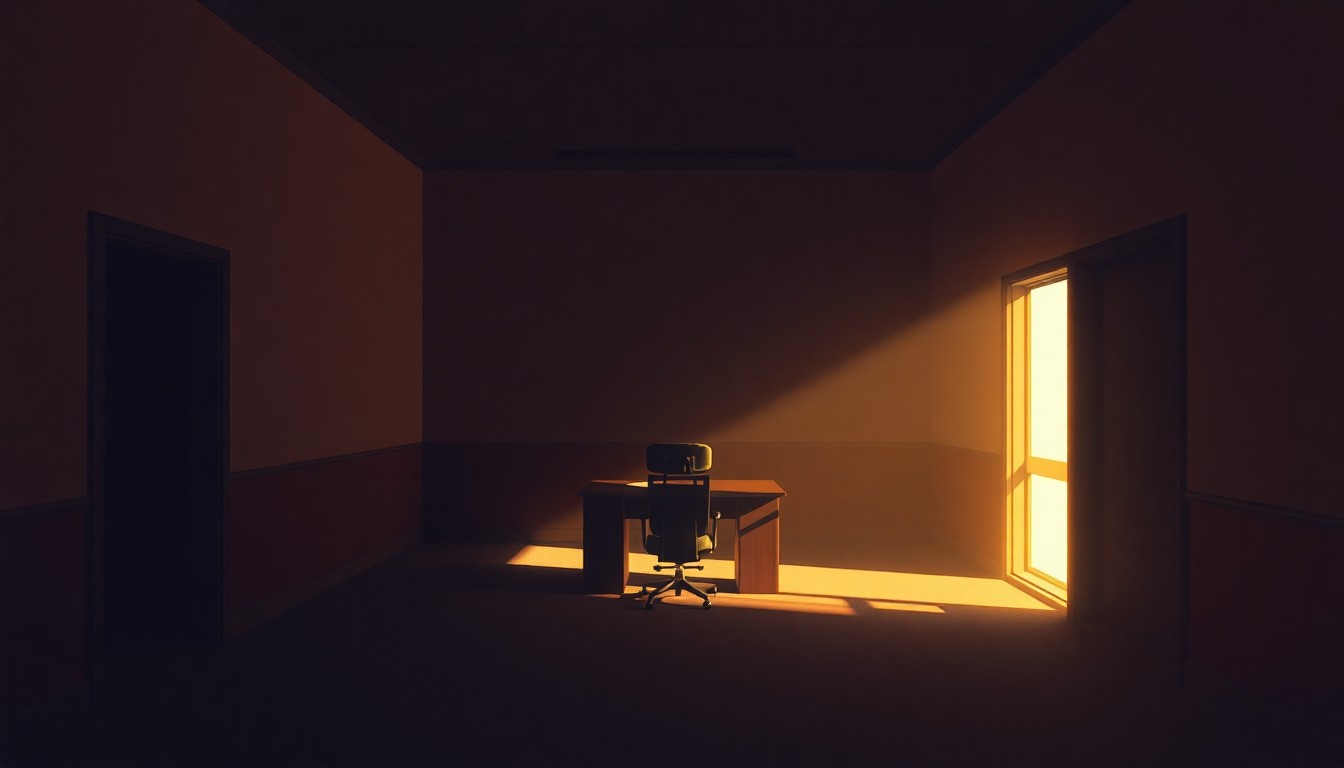 A dimly lit, cinematic interior of a government office with a lone desk and chair, the space bathed in warm, diagonal sunlight and deep shadows, evoking a sense of solitude and unresolved tension.