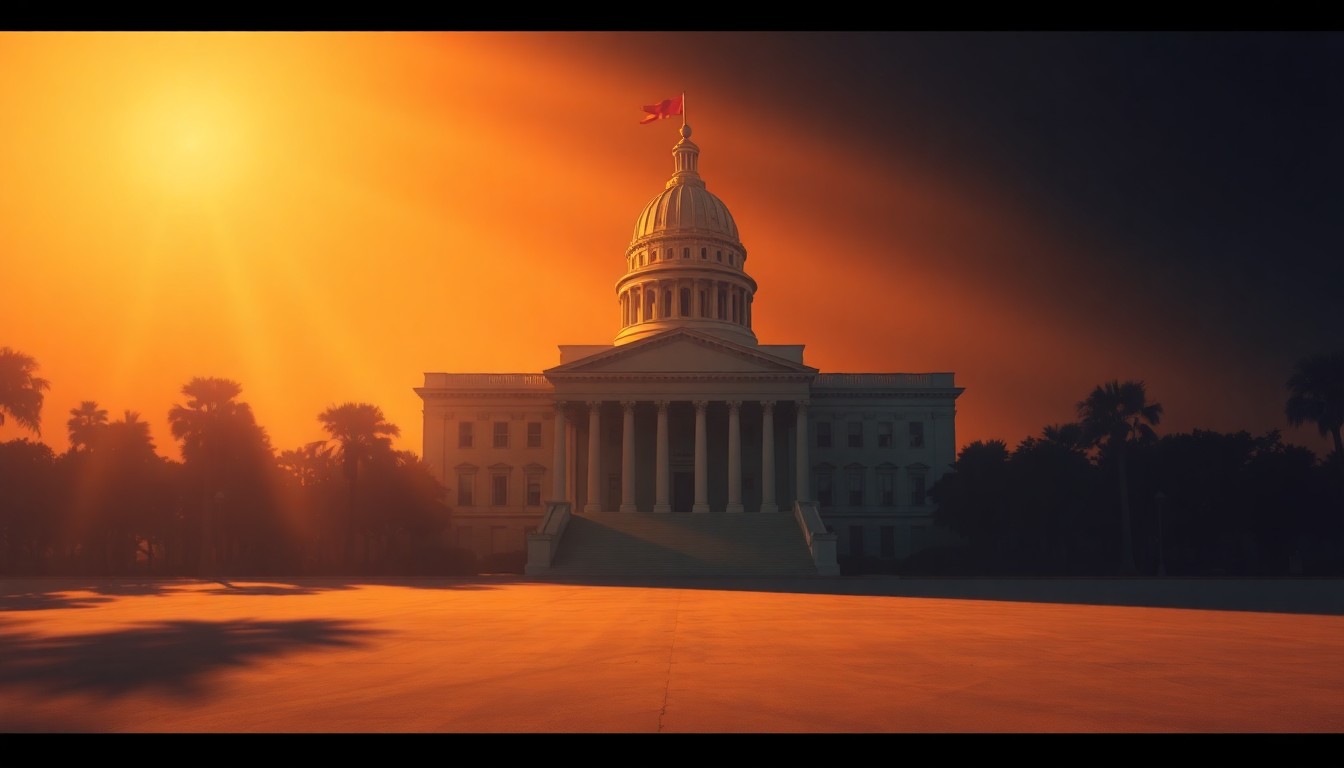 A photorealistic painting of the Florida state capitol building, its grand neoclassical architecture rendered in warm, muted tones with deep shadows and a sense of solitude, conveying the political tension and unfinished business surrounding the state's budget negotiations.