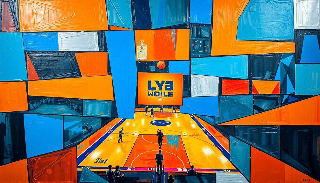 A cubist, geometric illustration depicting fragmented and overlapping shapes in vibrant colors, representing the dynamic nature of sports betting and the various betting markets available to customers.