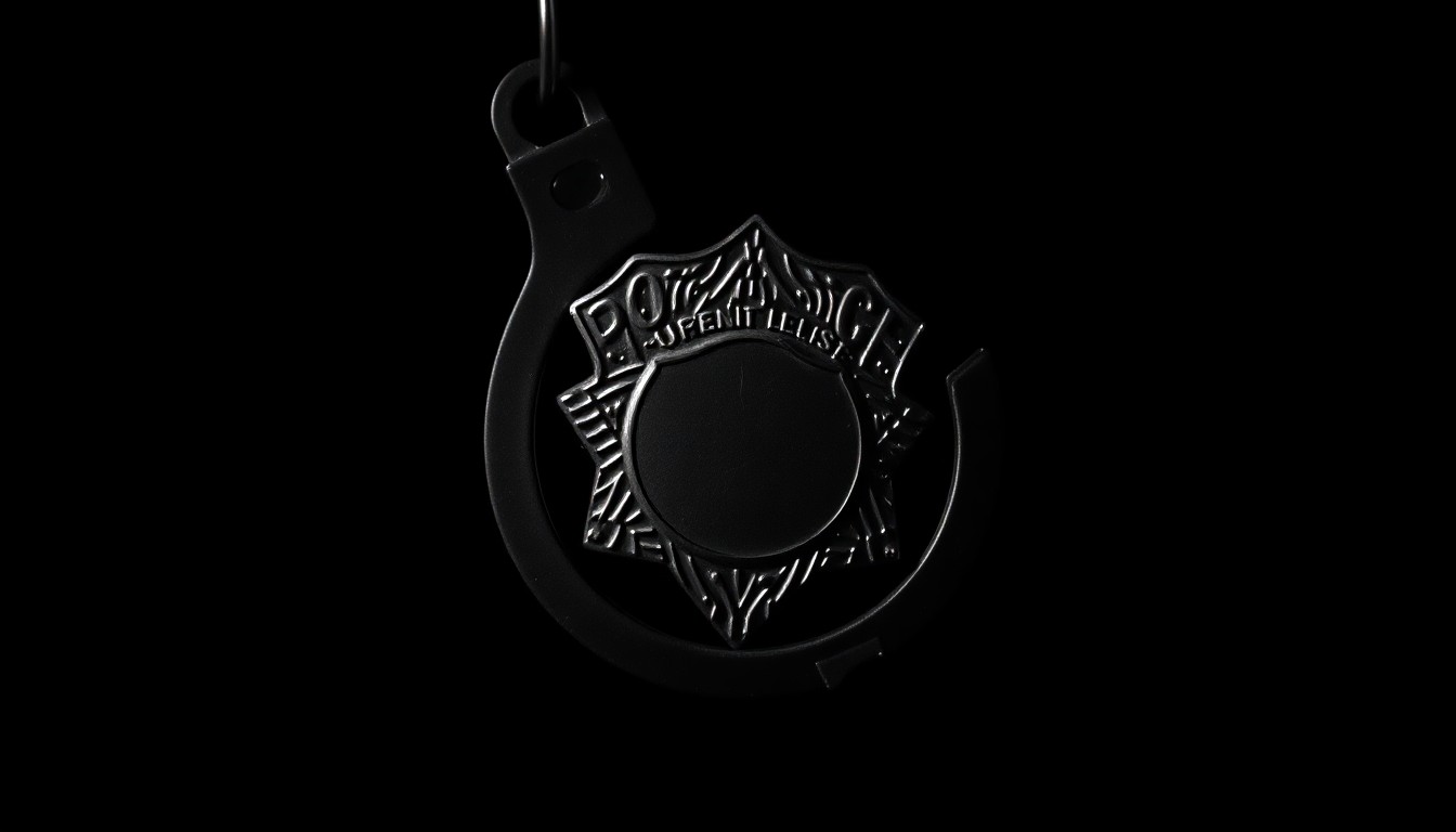 An extreme close-up photograph of a police badge or handcuffs against a pitch-black background, lit by a harsh, direct camera flash to create a stark, gritty, investigative aesthetic.