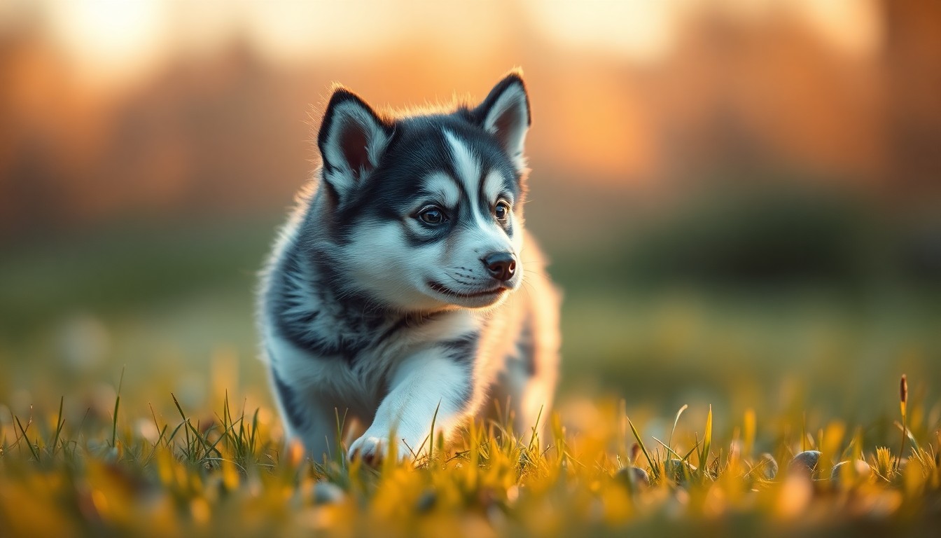 An abstract, out-of-focus photograph of a playful husky puppy in a grassy field, with warm, hazy pools of light and color creating a dreamlike, atmospheric scene that captures the resilience and spirit of the animal.