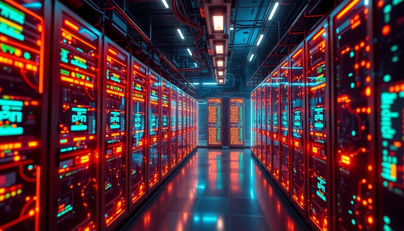 A highly detailed, glowing 3D illustration of a futuristic fintech data center, with intricate circuits and pulsing neon lights, conceptually representing the advanced technology powering the fintech industry.