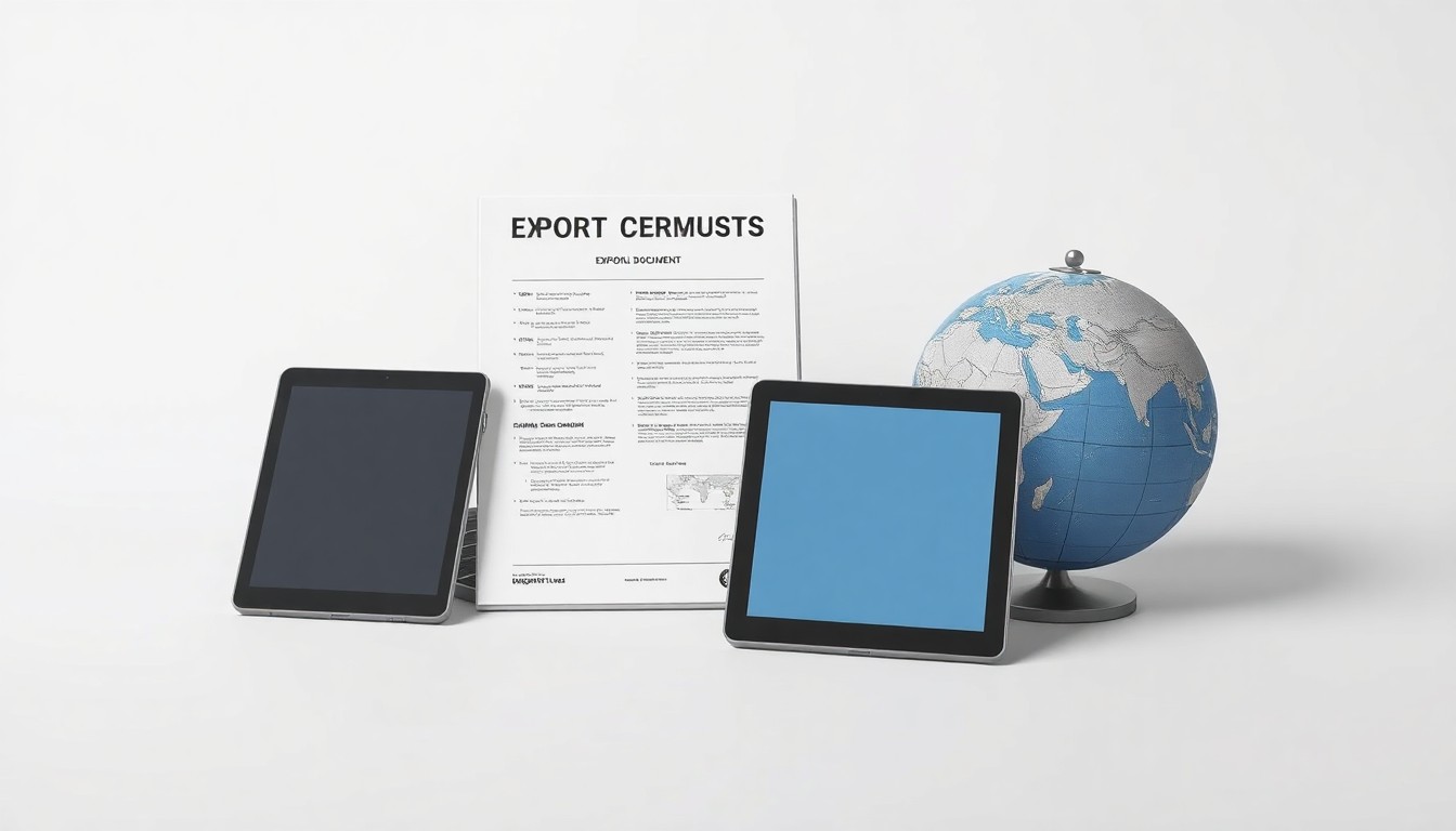 A photorealistic studio still life featuring a stack of export documents, a digital tablet, and a stylized globe, all arranged elegantly on a clean, monochromatic background, conceptually representing the digital transformation of global trade.