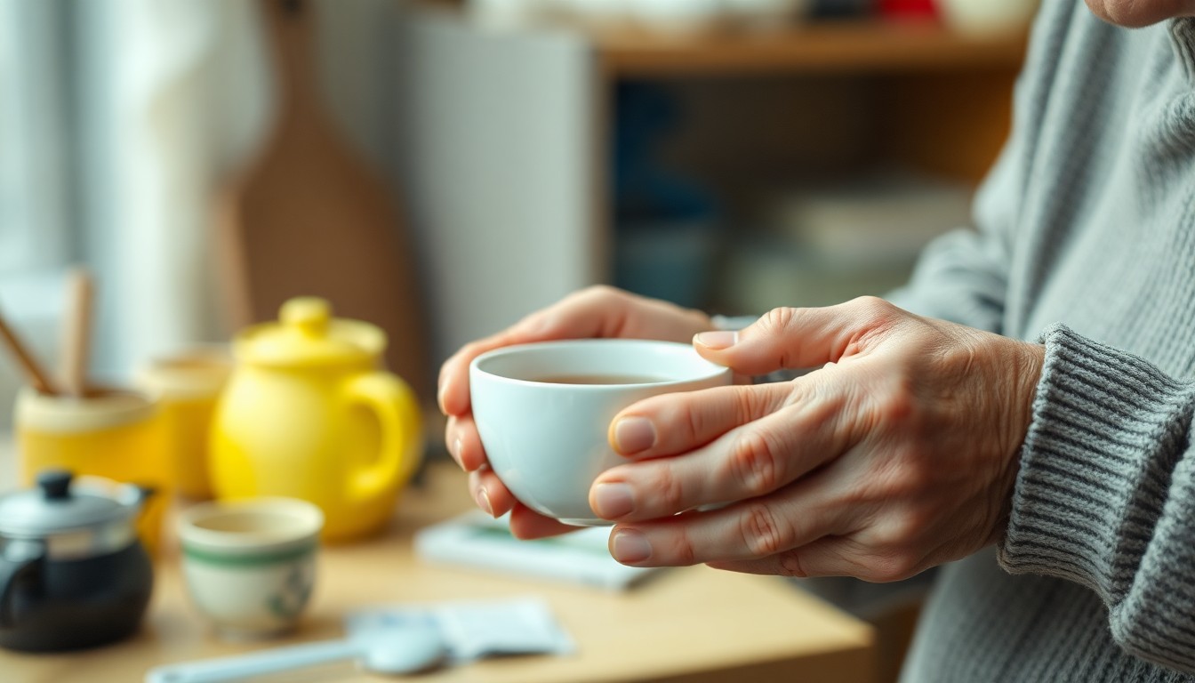 An abstract, impressionistic photograph showing an elderly person's hands holding a cup, surrounded by a blurred, softly-lit domestic scene, conveying a sense of comfort and care.
