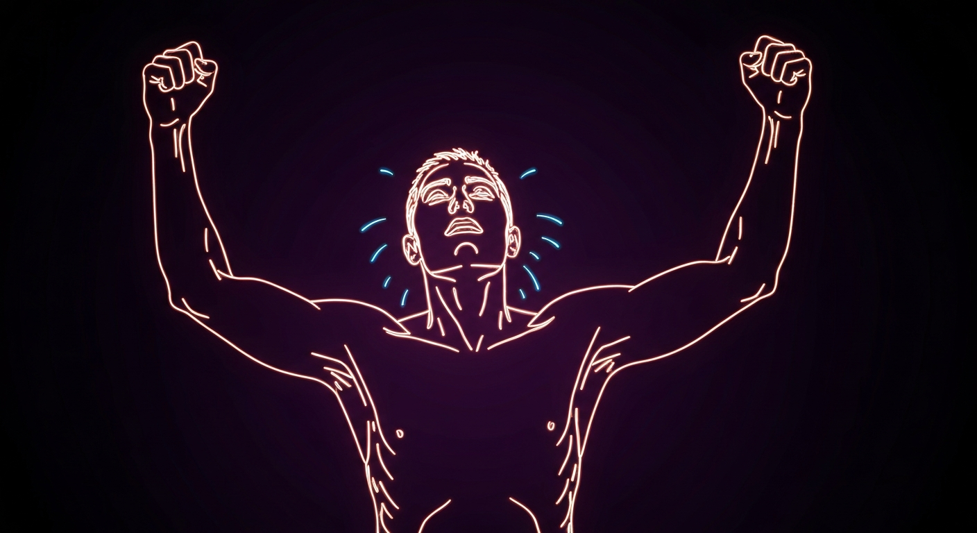 A minimalist neon outline illustration depicting a person with their arms raised, the figure's shape and movement suggesting intense sweating, set against a dark background that emphasizes the glowing lines.