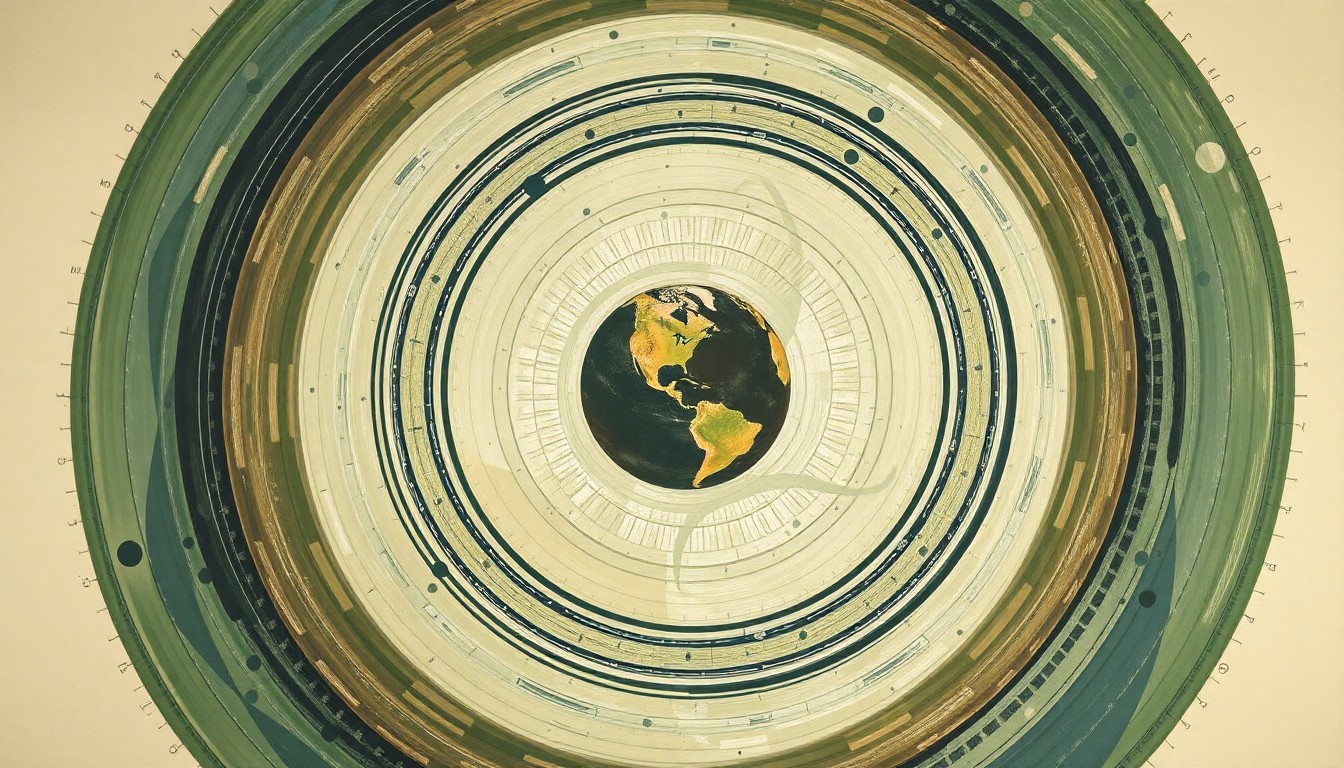 An abstract, highly structured painting in soft, earthy tones of green, brown, and blue, featuring sweeping geometric arcs, concentric planetary circles, and precise botanical spirals, conceptually representing the complex scientific forces and natural phenomena involved in a lunar landing mission.