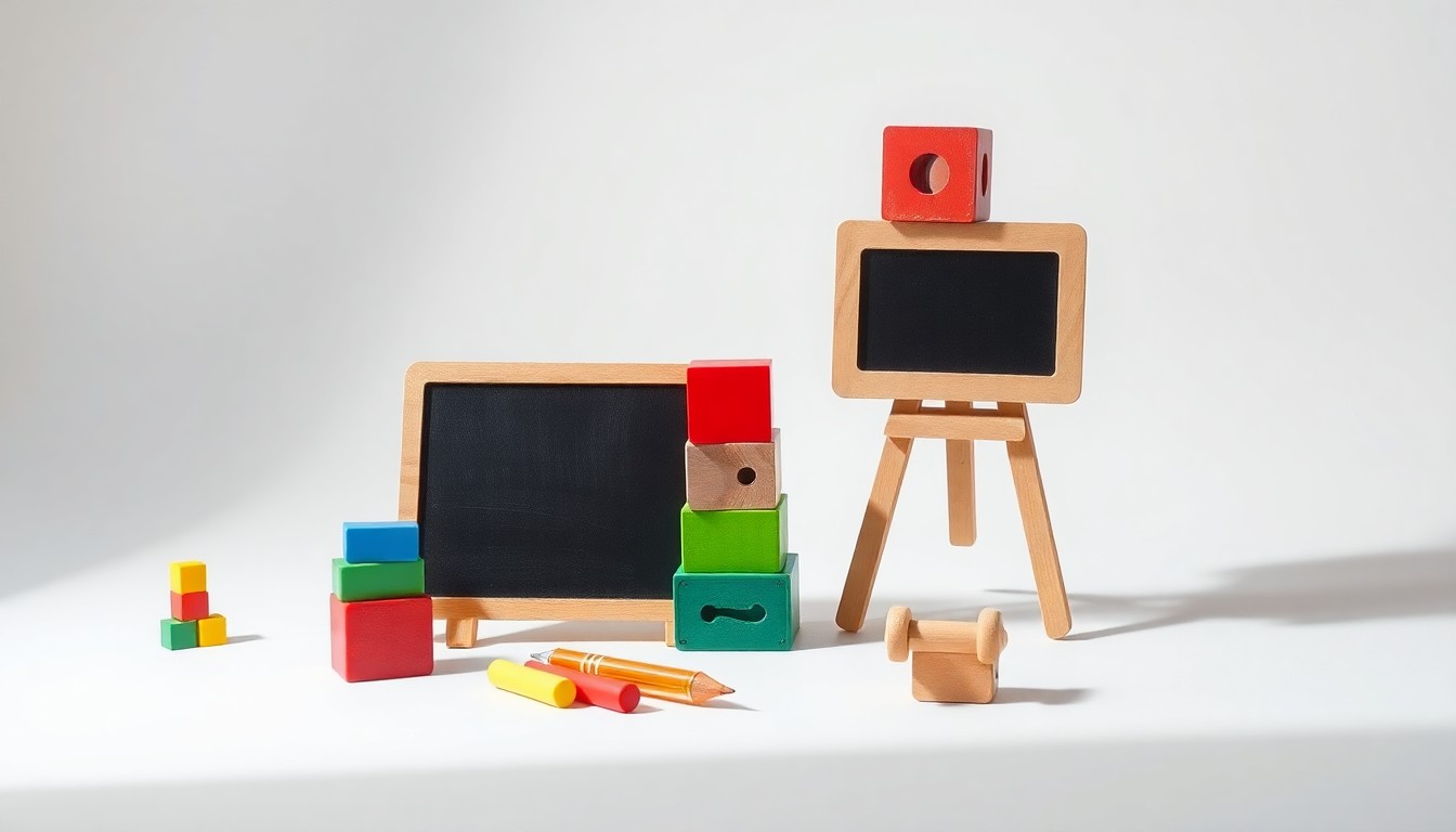 A photorealistic studio still life featuring a stack of colorful building blocks, a small chalkboard, and a set of wooden educational toys arranged elegantly on a clean, white background, conceptually representing the abstract challenges facing the childcare industry.