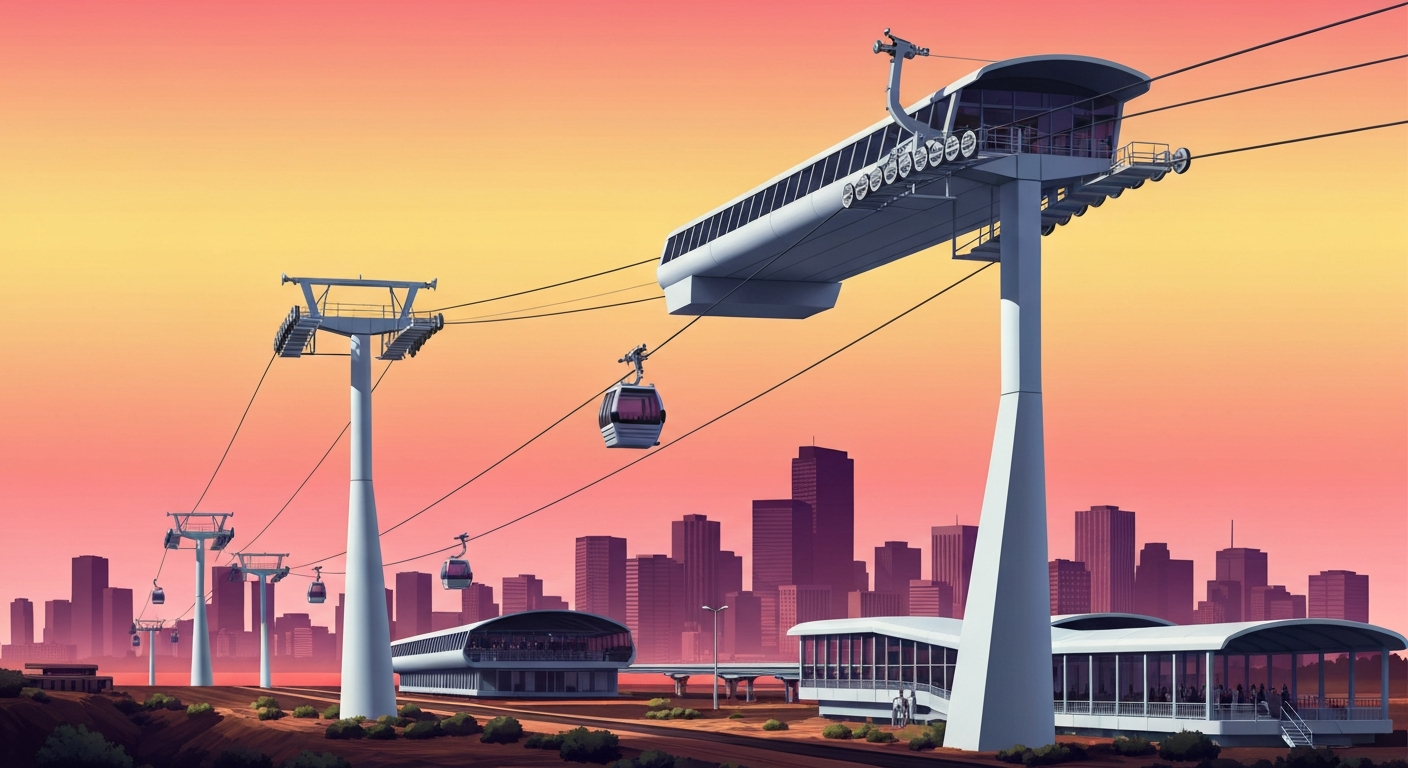A highly stylized, geometric illustration depicting the towering, streamlined forms of gondola towers and stations against a gradient background evoking the Denver skyline, capturing the grand scale and sweeping vision of the proposed transportation network.