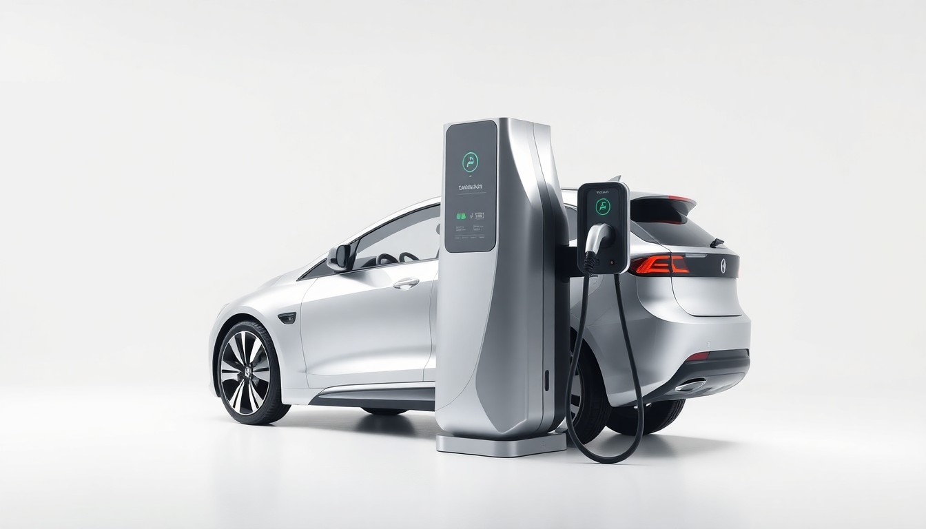 A high-end, photorealistic studio still-life photograph featuring a sleek, metallic electric vehicle charging station with clean geometric shapes, polished surfaces, and dramatic studio lighting on a solid white background, conceptually representing Beam Global's innovative sustainable infrastructure products.