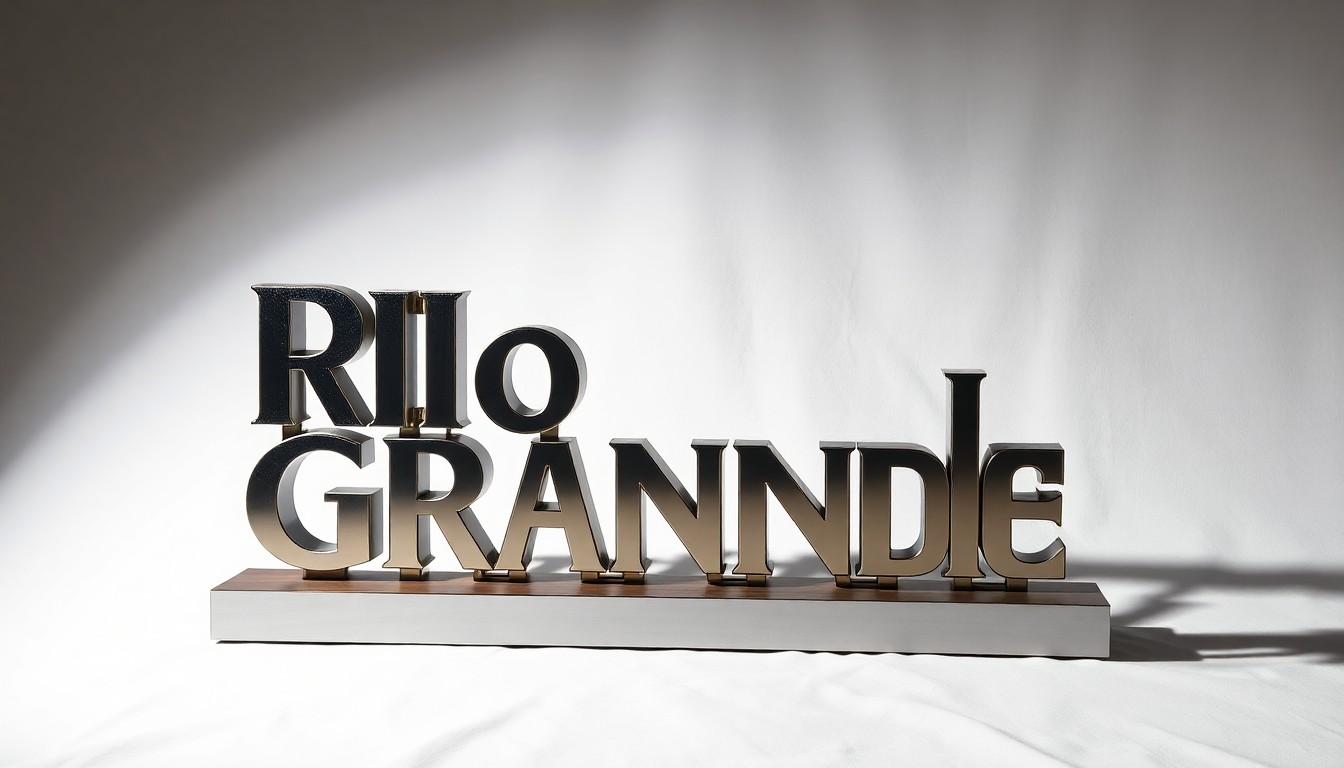A high-end, photorealistic studio still-life photograph featuring a polished, geometric metal sign in the shape of the Rio Grande logo, placed on a clean white seamless background and dramatically lit to highlight the premium materials and craftsmanship.