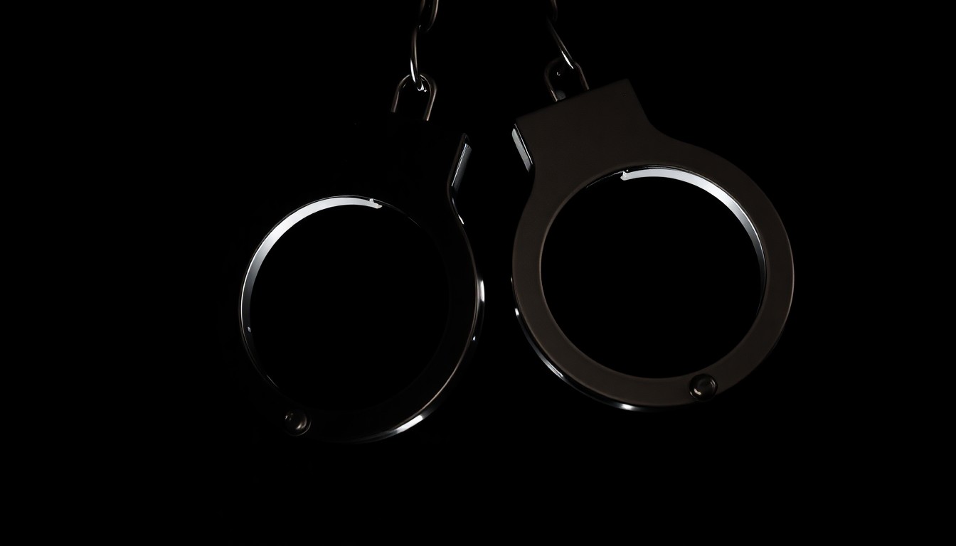 An extreme close-up photograph of a pair of handcuffs against a pitch-black background, lit by a harsh, direct camera flash, conceptually representing the law enforcement component of South Fulton's new anti-violence initiative.