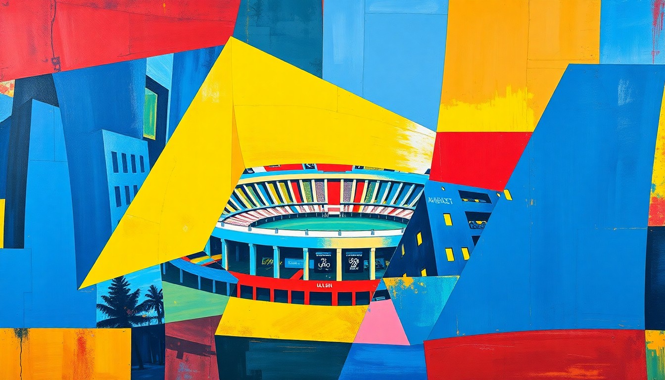 A cubist, geometric painting depicting the iconic Los Angeles Memorial Coliseum and other Olympic venues in a fractured, multi-perspective style, using bold colors and sharp, overlapping shapes to convey the complex and exclusive nature of ticket access for the 2028 Summer Games.