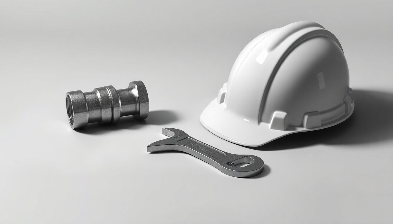 A photorealistic studio still life featuring a polished steel pipe fitting, a wrench, and a hardhat arranged on a clean, grey background, conceptually representing the industrial maintenance and workforce disruption at the Tenaris plant.