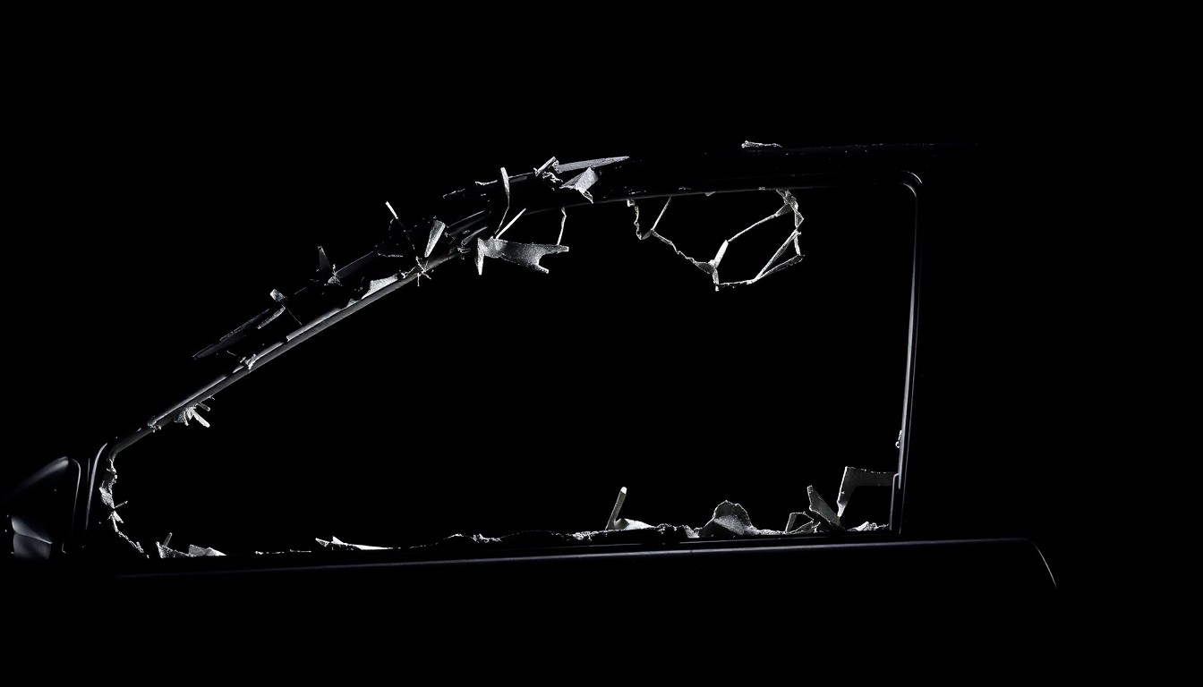 An extreme close-up photograph of a shattered car window frame against a pitch-black background, conveying the grim aftermath of a fatal accident through dramatic lighting and textural details.