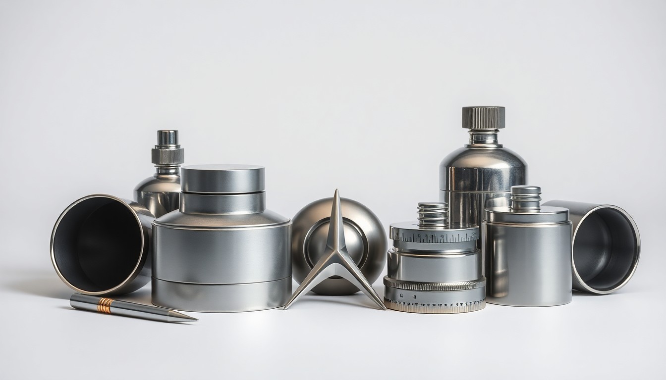 A photorealistic studio image featuring a collection of shiny metal objects arranged in an elegant, minimalist composition, representing the abstract concepts of aviation regulations and corporate penalties.