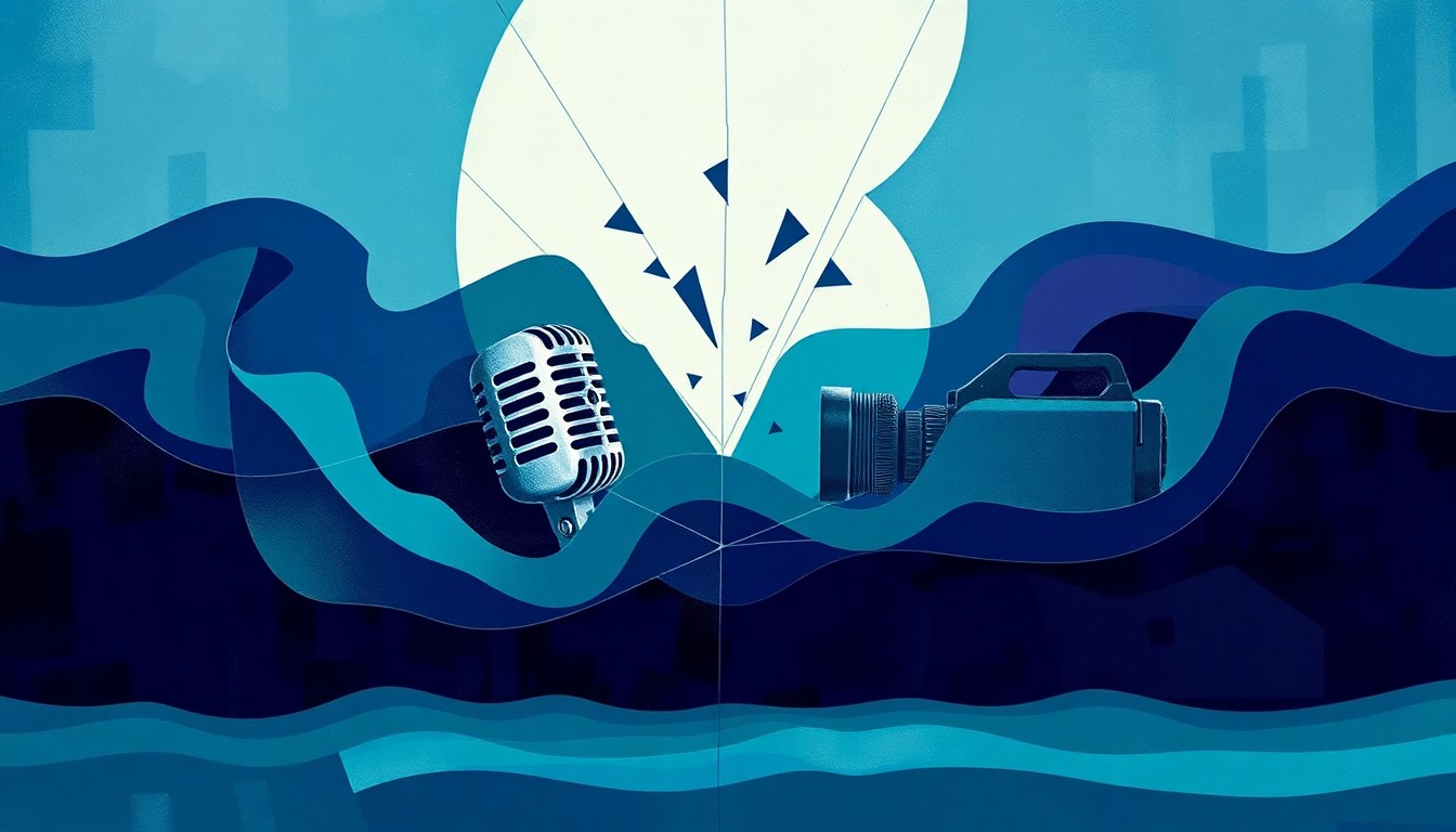 A dynamic, abstract painting featuring overlapping geometric shapes and brushstrokes in shades of blue, teal, and purple, conceptually representing the clash between government regulation and journalistic independence.