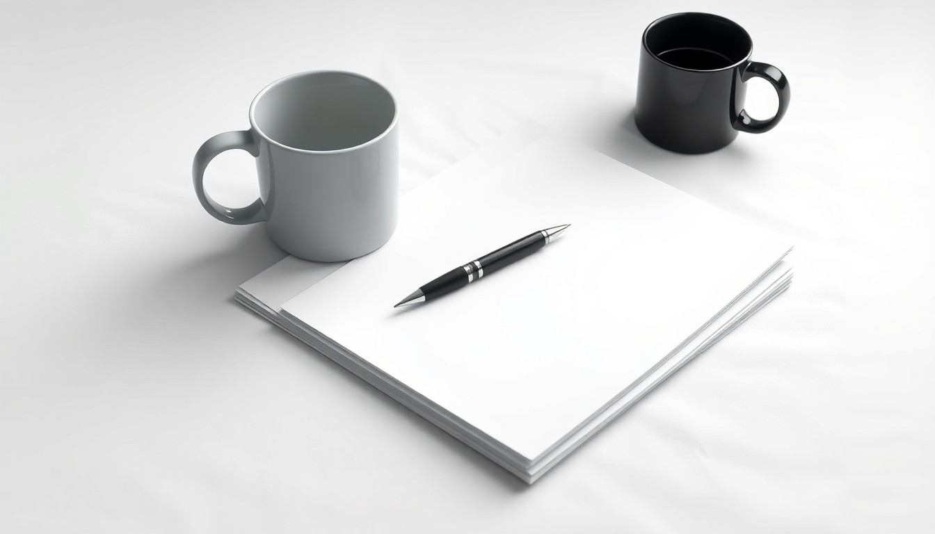 A photorealistic studio still life featuring a stack of business documents, a pen, and a coffee mug arranged elegantly on a clean, white background, conceptually representing the corporate strategy and workplace culture of the Top Workplaces program.