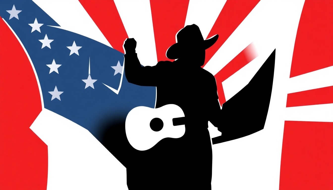 A bold, abstract illustration featuring stark black silhouettes of guitars, microphones, and other country music imagery set against a high-contrast background of red, white, and blue geometric shapes, capturing the patriotic spirit and musical energy of Brantley Gilbert's upcoming tour.