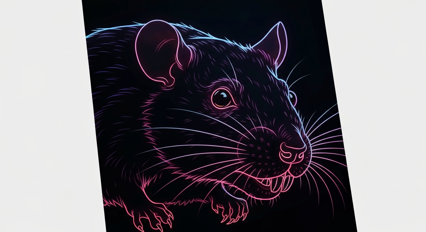 A minimalist design in the style of Keith Haring where the outline of a rat is defined entirely by vibrant neon lines against a deep, dark background, emphasizing the shape and energy of the disease-carrying rodent.