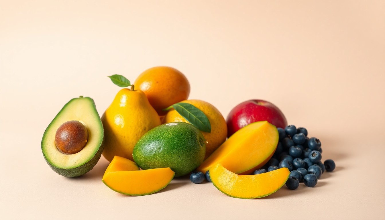 A high-end, photorealistic studio still-life photograph featuring a carefully arranged composition of premium, polished produce items like avocados, mangoes, and blueberries on a clean, monochromatic seamless background, using dramatic lighting and shadows to represent the abstract concepts of corporate strategy and market competition in the fresh produce industry.