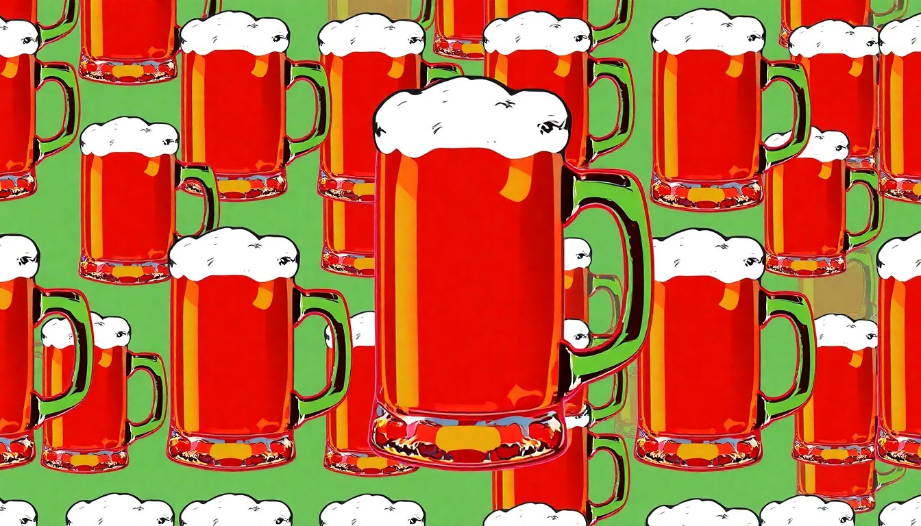 A vibrant, high-contrast silkscreen print of a single, iconic beer mug repeated in a grid pattern, capturing the celebratory energy of the Lagerville beer festival.