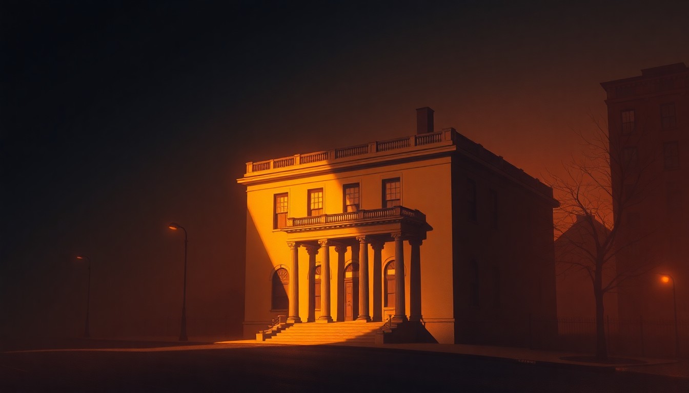 A serene, realistic painting of a city hall building in warm, golden light, with deep shadows casting across the facade, conveying a sense of quiet contemplation and civic change.