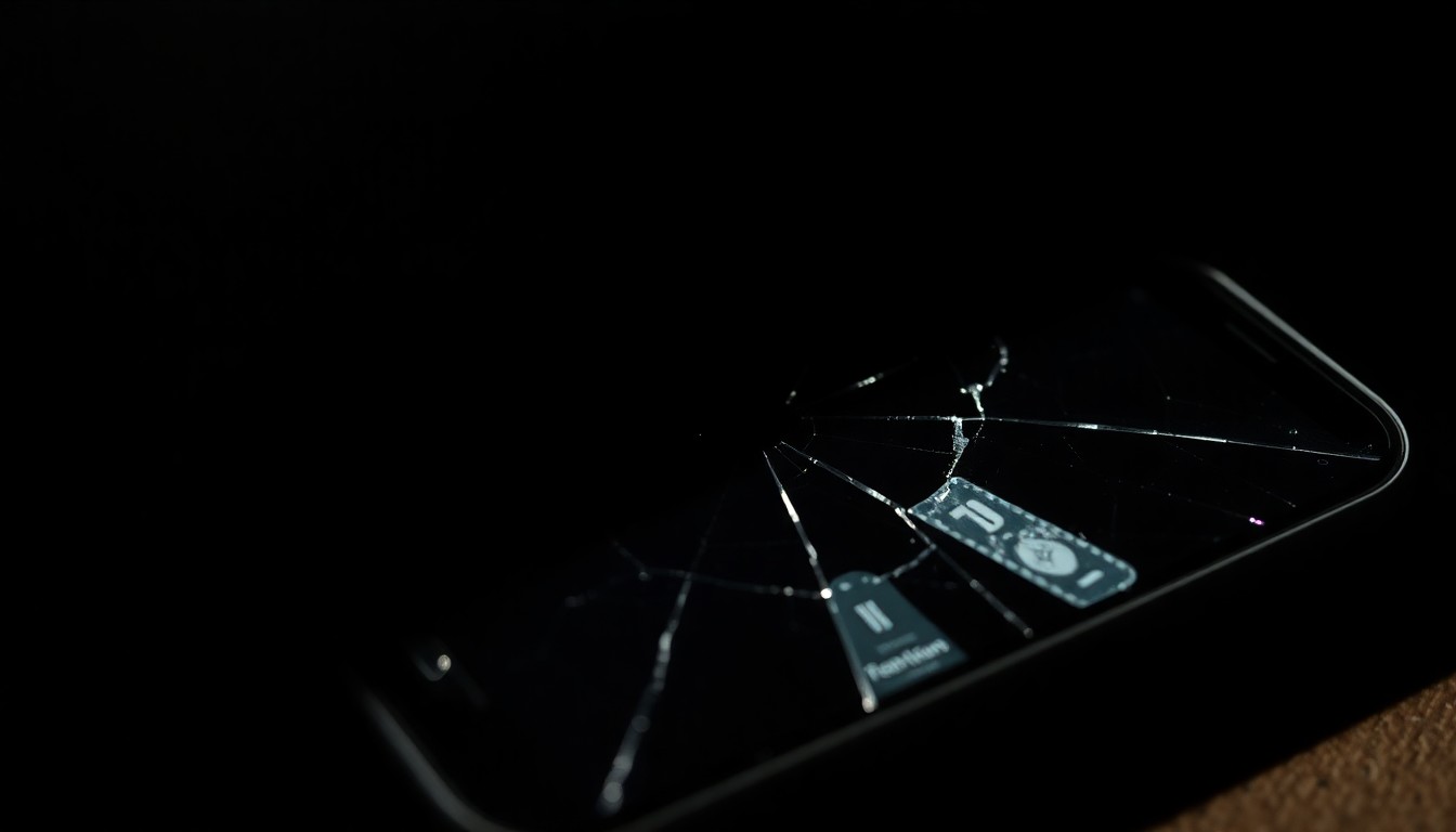 An extreme close-up photograph of a shattered cell phone screen, partially obscured by shadows, conveying a sense of mystery and unease surrounding the disappearance of Caitlin Tressler.