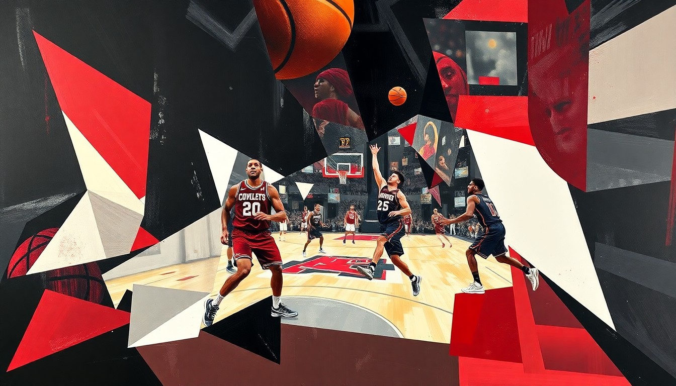 A cubist, geometric painting depicting the fragmented forms of college basketball players in motion, with their bodies and the court broken down into overlapping planes of garnet, black, and white colors.