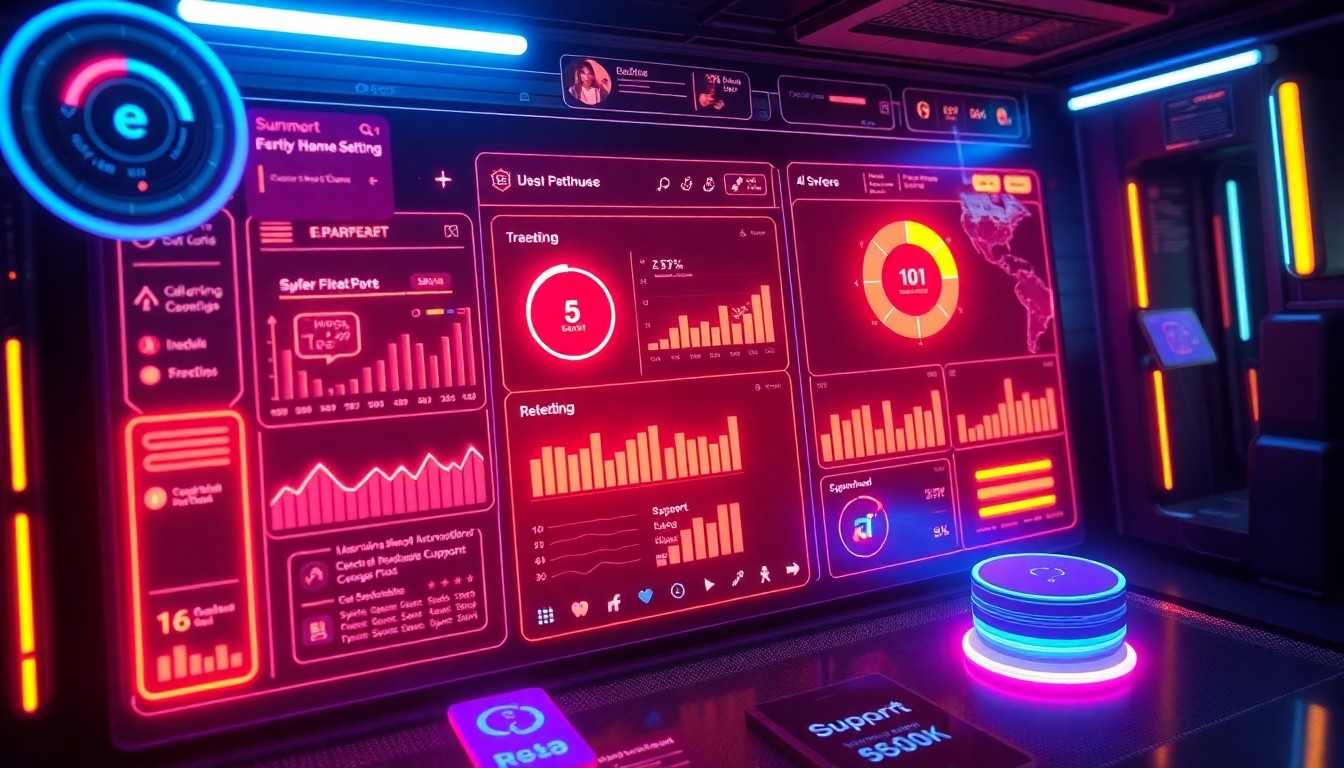 A highly detailed, glowing 3D illustration of a futuristic, neon-lit ecommerce support dashboard interface, with various interactive elements and data visualizations floating in a dark, cyberpunk-inspired environment.