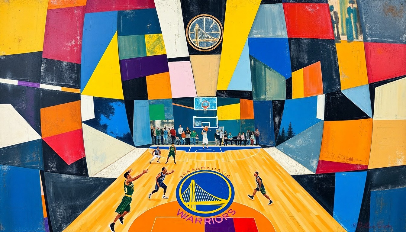 A fragmented, geometric painting depicting a basketball game, with sharp, overlapping shapes and planes representing the complex dynamics and competing interests at play in the Kings' late-game tactics.