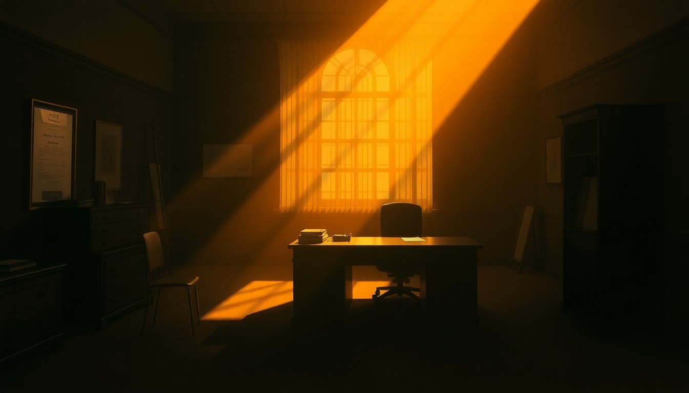 A dimly lit office scene with a solitary desk and chair, the space bathed in warm, diagonal sunlight and deep shadows, conceptually representing the thoughtful consideration of media responsibility when reporting on sensitive geopolitical matters.
