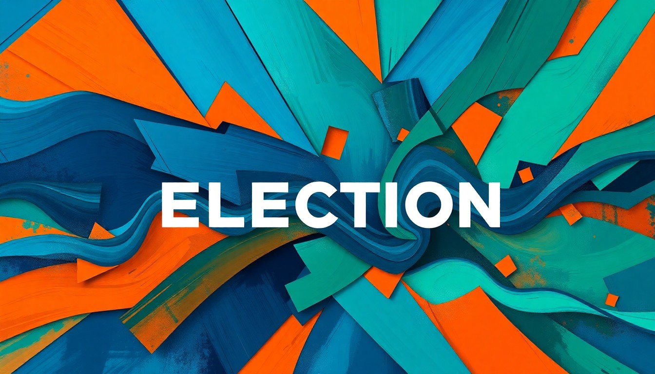 A vibrant, abstract painting featuring a fractured, overlapping depiction of a ballot box or voting booth in shades of blue, green, and orange, conveying the high-stakes and high-energy nature of this local election.