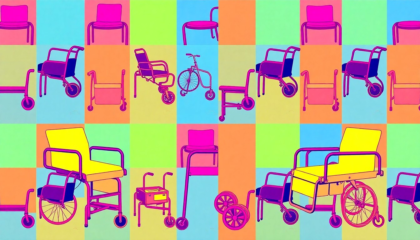 A brightly colored, high-contrast silkscreen print of a medical bed repeated in a tight grid pattern, using vibrant neon colors and heavy black outlines to transform a common senior care item into a bold, modern pop art composition.