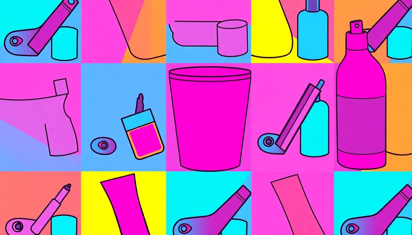 A brightly colored, high-contrast silkscreen print of a single, iconic lifestyle object such as a coffee cup or cosmetic item, repeated in a tight grid pattern to represent the blending of internet subcultures and material hardship in small-town America.