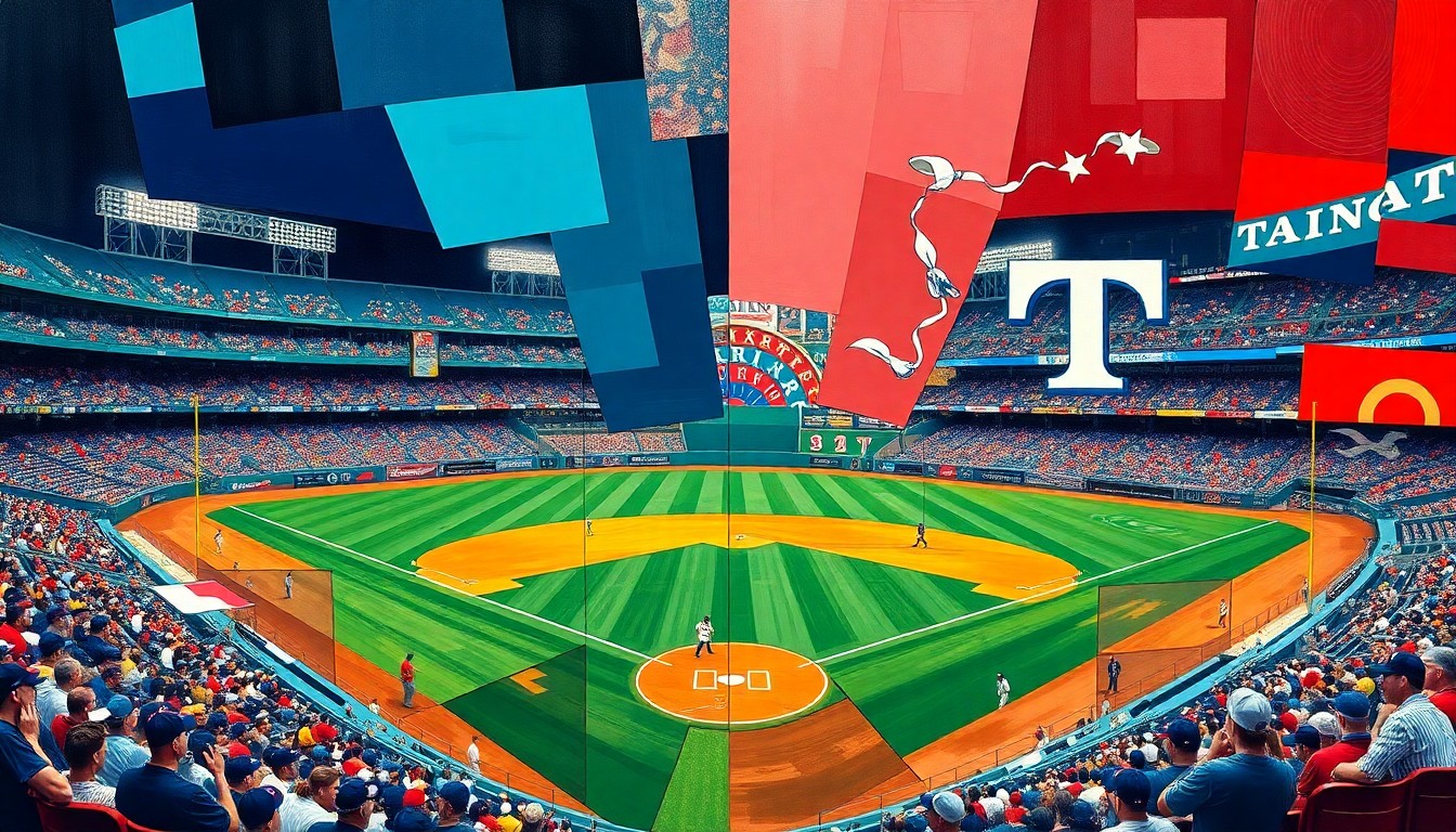 A cubist, geometric painting in vibrant blues, reds, and whites, depicting an abstract baseball game scene with overlapping planes and shapes, representing the Mariners' disappointing start to the season.