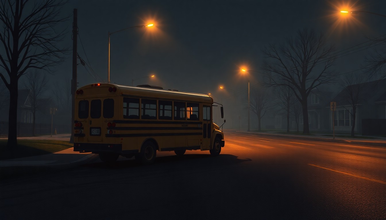 A cinematic painting of an empty school bus parked on a shadowy street, the warm glow of streetlights casting long diagonal shadows, conveying a sense of melancholy and investigation around the issue of immigration enforcement near schools.