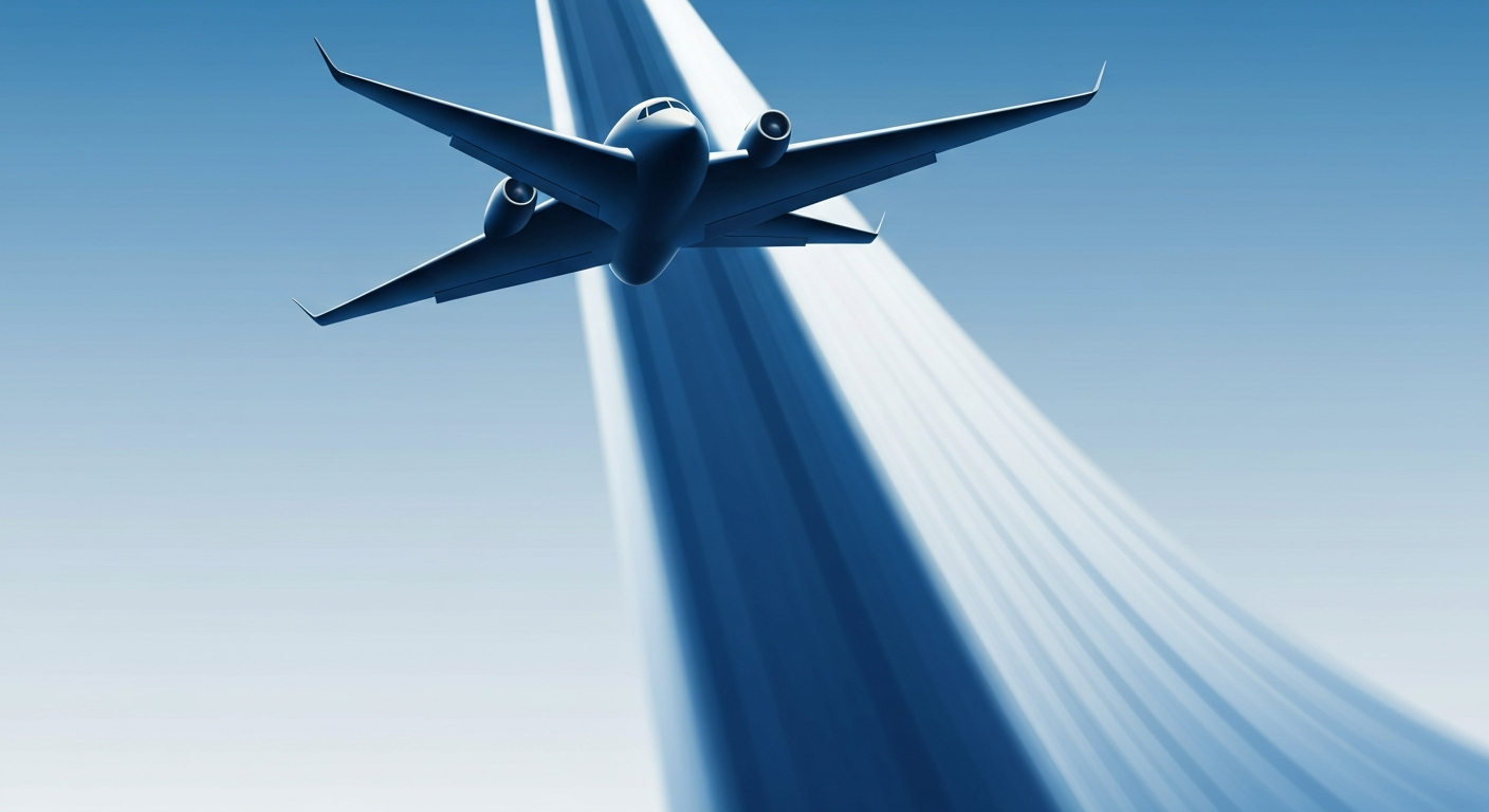 A highly stylized, geometric illustration of a sleek, silver airplane soaring through a vibrant blue sky, capturing the grand scale and romance of air travel in a bold, minimalist style.