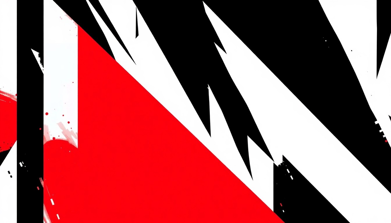 A dynamic abstract composition of angular black and white shapes with accents of bright red, conveying the high-energy spirit of the Foo Fighters' new music.