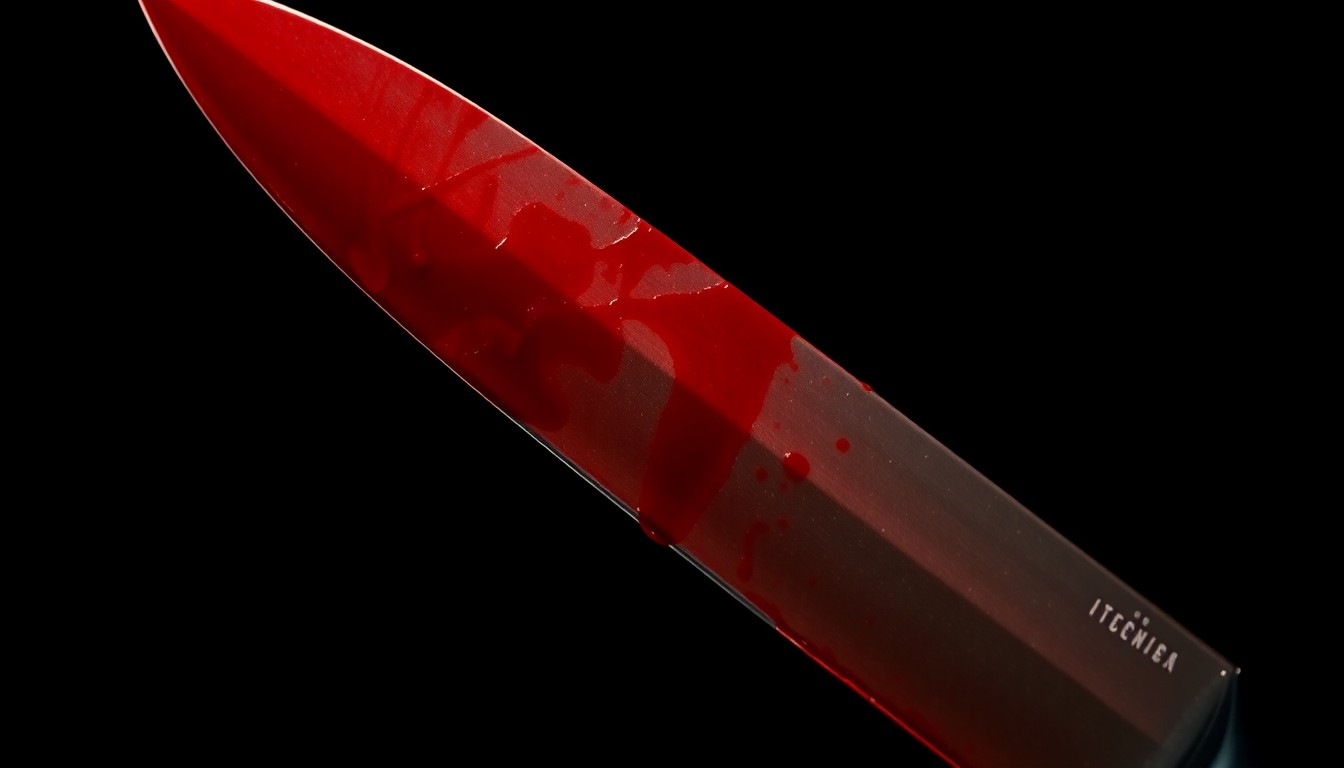 An extreme close-up of a bloodied knife, the harsh flash creating a stark, gritty, investigative aesthetic that conceptually represents the violence of this crime.