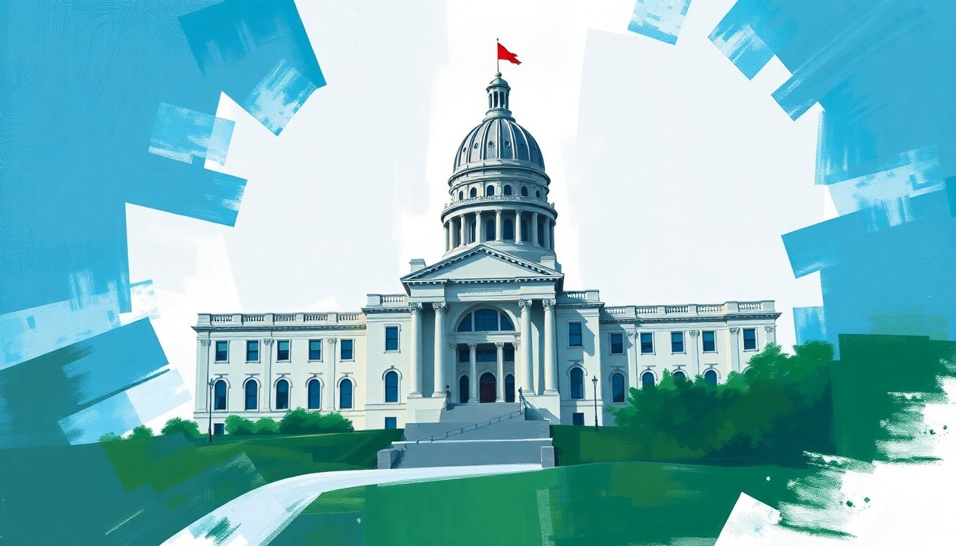 A dynamic, abstract painting featuring overlapping, fragmented shapes and lines in shades of blue, grey, and green, conceptually representing the instability and uncertainty surrounding North Dakota's state budget.