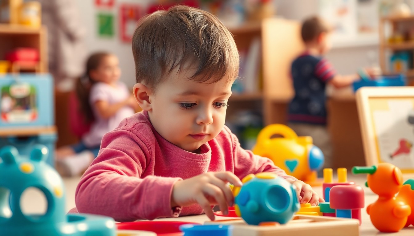 A dreamy, out-of-focus photograph showing the hands of a young child playing with colorful wooden blocks and other educational toys, with a blurred background of other children's activities visible.